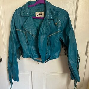 Vintage Women's Blue Leather Jacket
